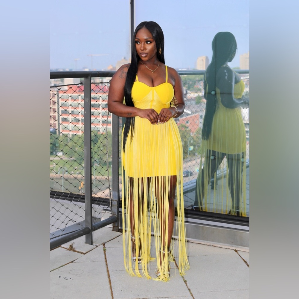 Vibrant Yellow Fringe Bandage Dress